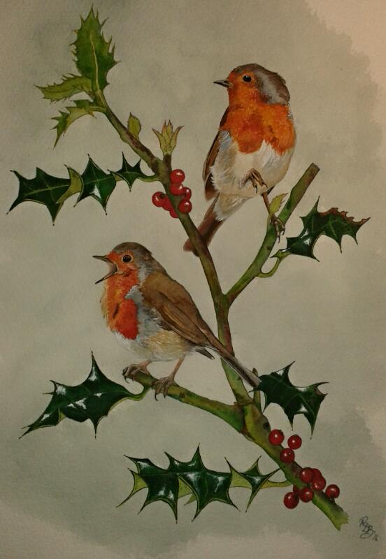 Wildlfe Art by Ruth Burden - Christmas Robins